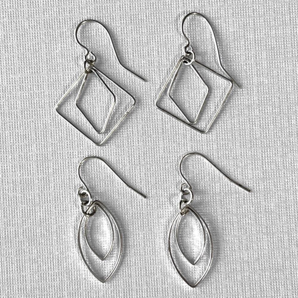 Silver Tone Wire Earrings Hooks Dangle Minimalist Geometric Shapes Artisan Lot